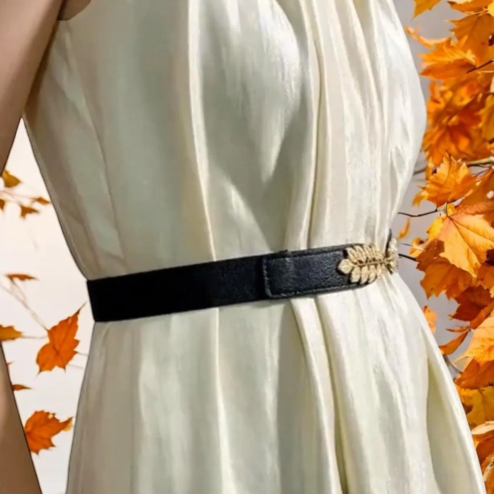 Black Elegant Gold Leaf‎ Buckle Elastic Casual Belt Adjustable One-Size